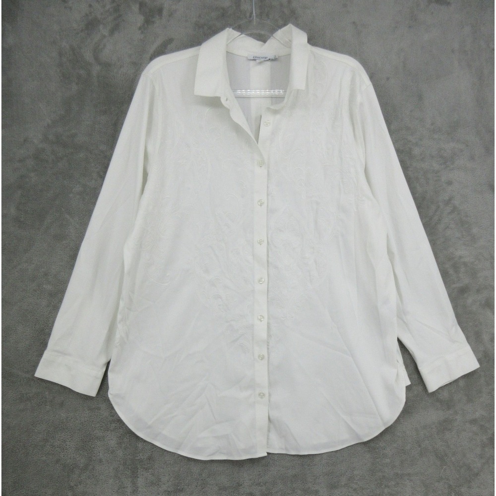 Chicos Shirt Womens 3 16 White Embroidered Button Front Office Career Floral